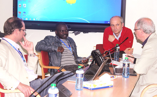 Eric Fevre from the University of Liverpool, Mcloyd Banda from the Ministry of Agriculture, Irrigation and Water Development, Department of Agricultural Research Services in Malawi, David Hodson from CIMMYT and Christopher Gilligan from the University of Cambridge during the workshop (photo: BecA-ILRI Hub/Sylvia Muthoni).